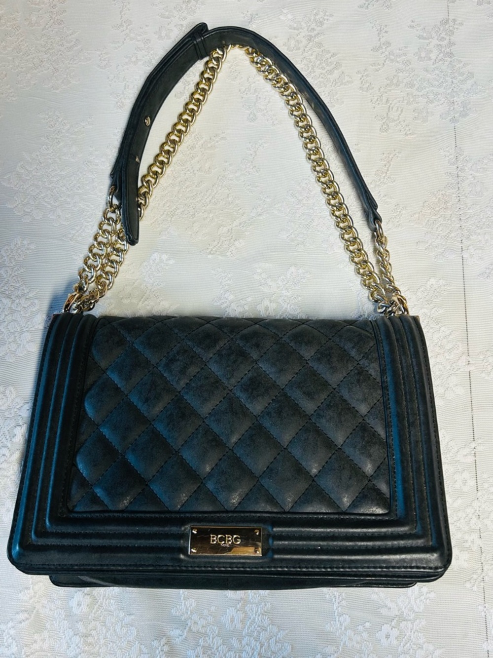 BCBG Black Quilted Shoulder Bag with Gold Chain